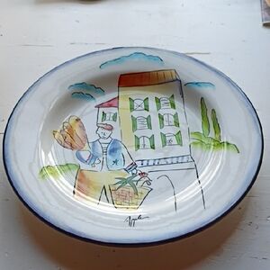 Sakura Ceramic Plate with Village Scene and Blue Accents